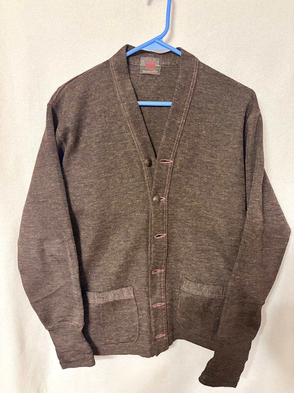 Vtg 40s 50s Utica Knitting Co BODYGARD Wool Cardigan Sweater Brown